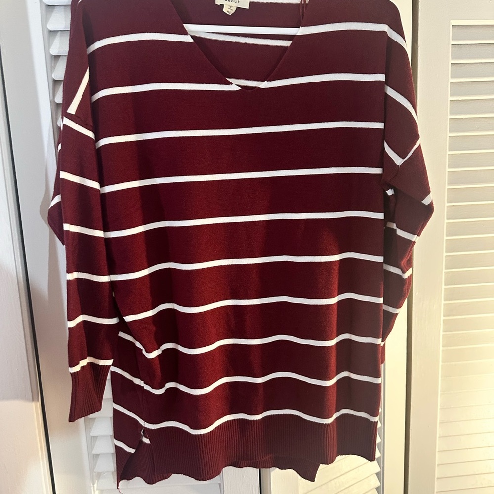 Debut Burgundy and White Striped V-Neck Sweatshirt - Picture 2 of 3